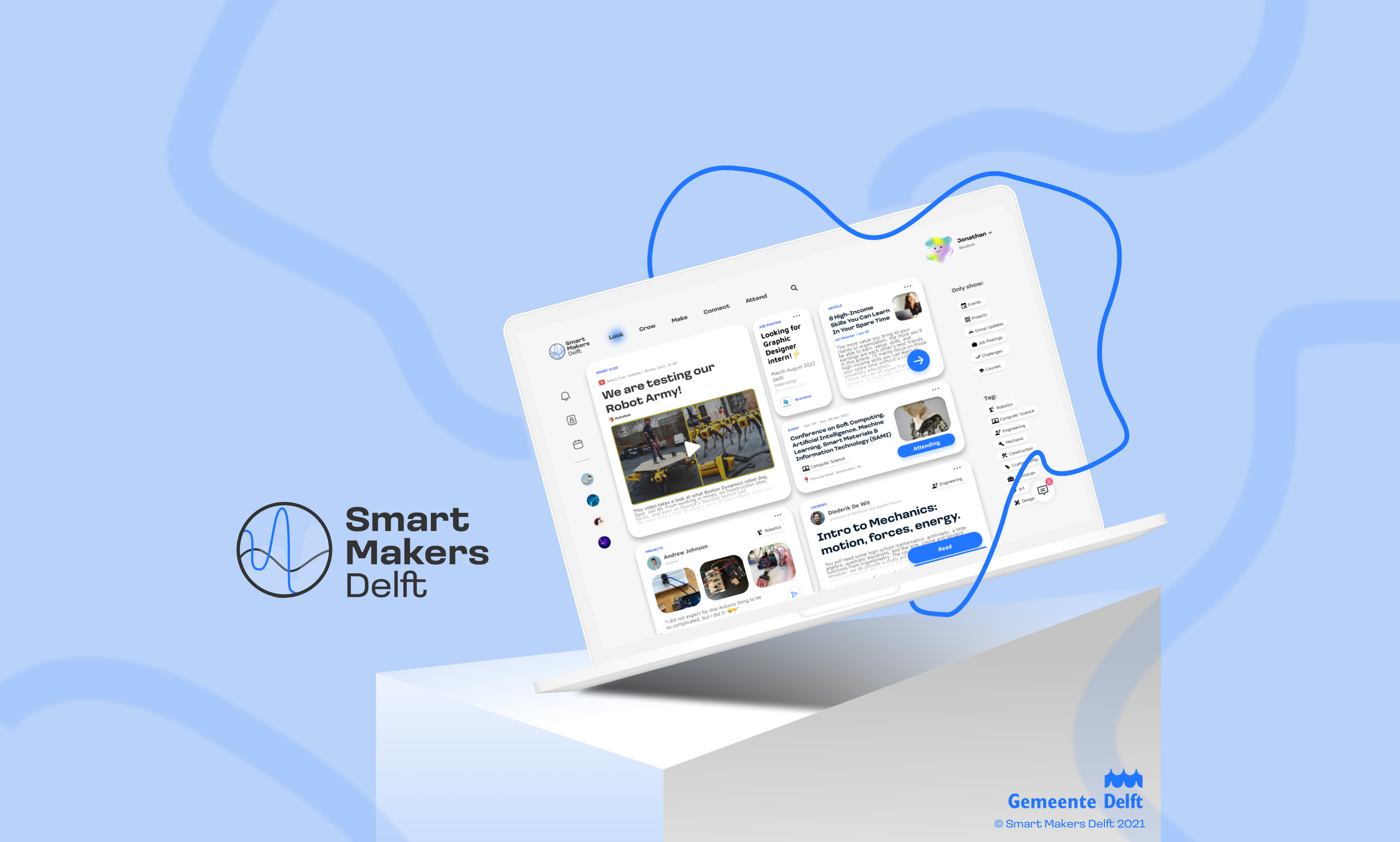 Smart Makers Delft platform mockup on a laptop, with logo and Gemeente Delft branding