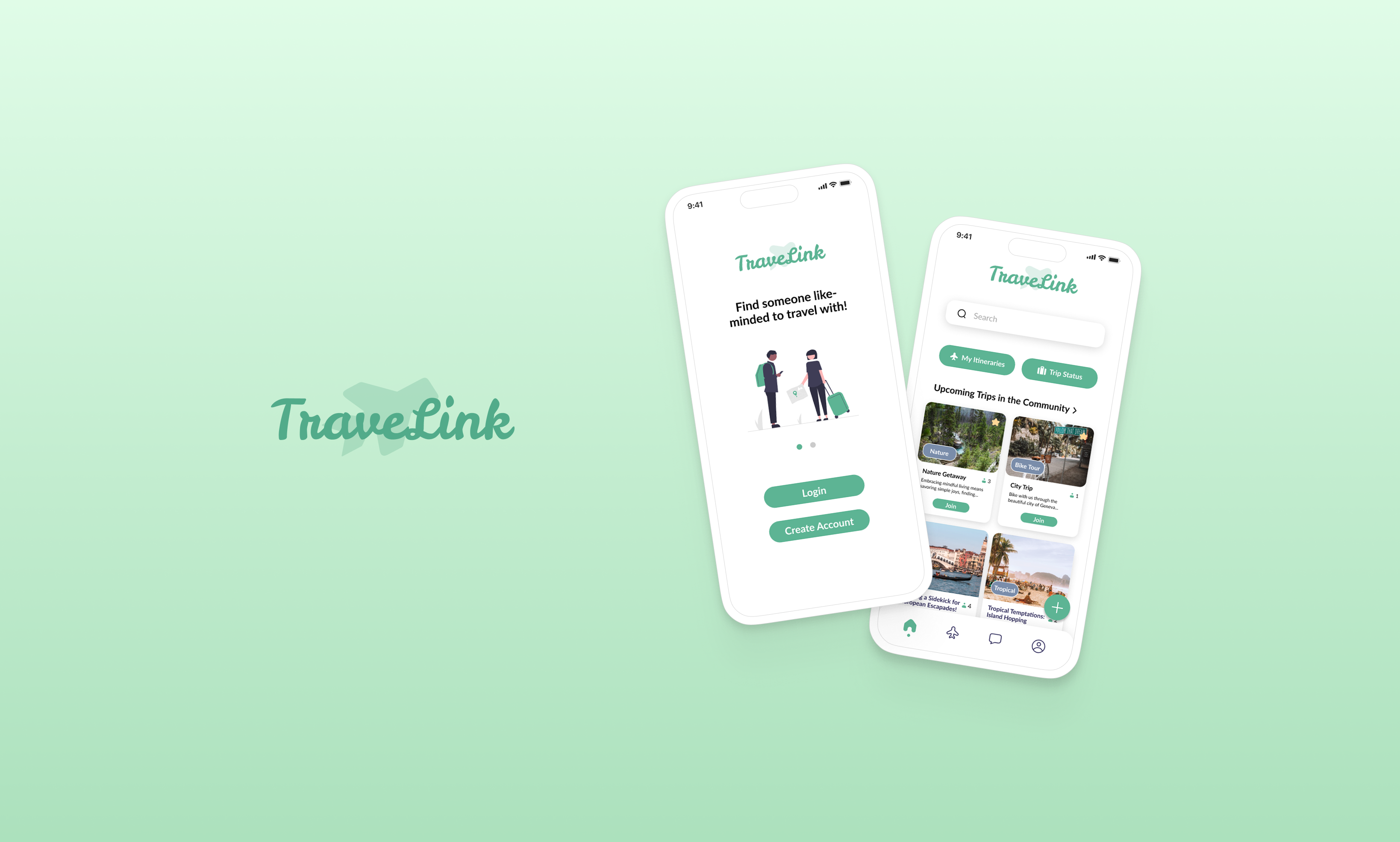 TraveLink app mockup showing onboarding and trip discovery screens