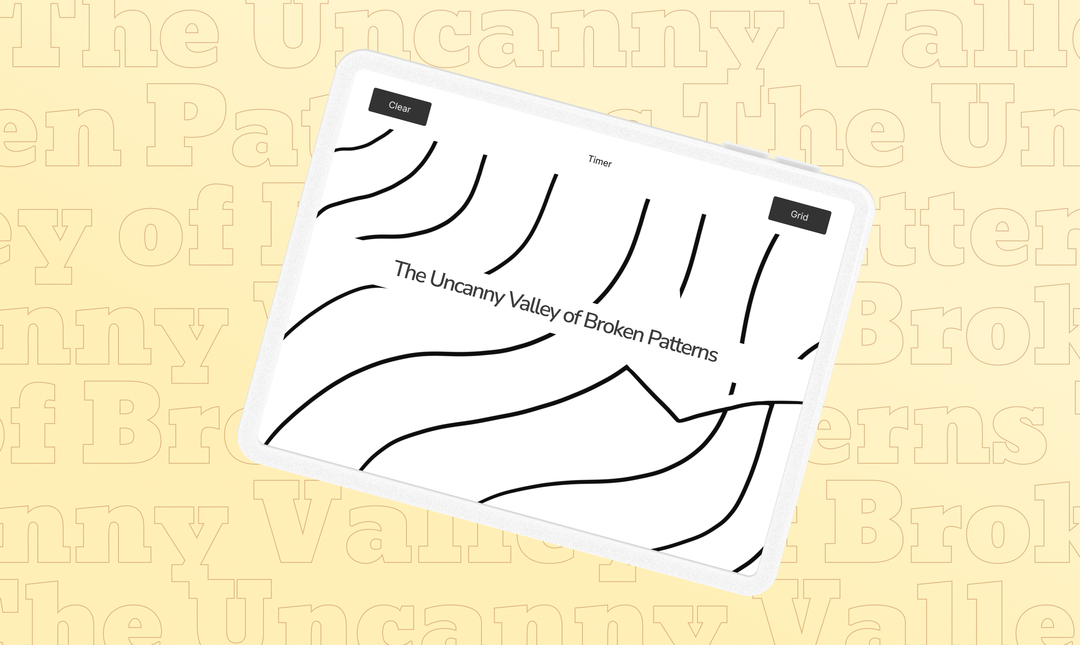 Tablet showing the interactive pattern-drawing exhibit for The Uncanny Valley of Broken Patterns