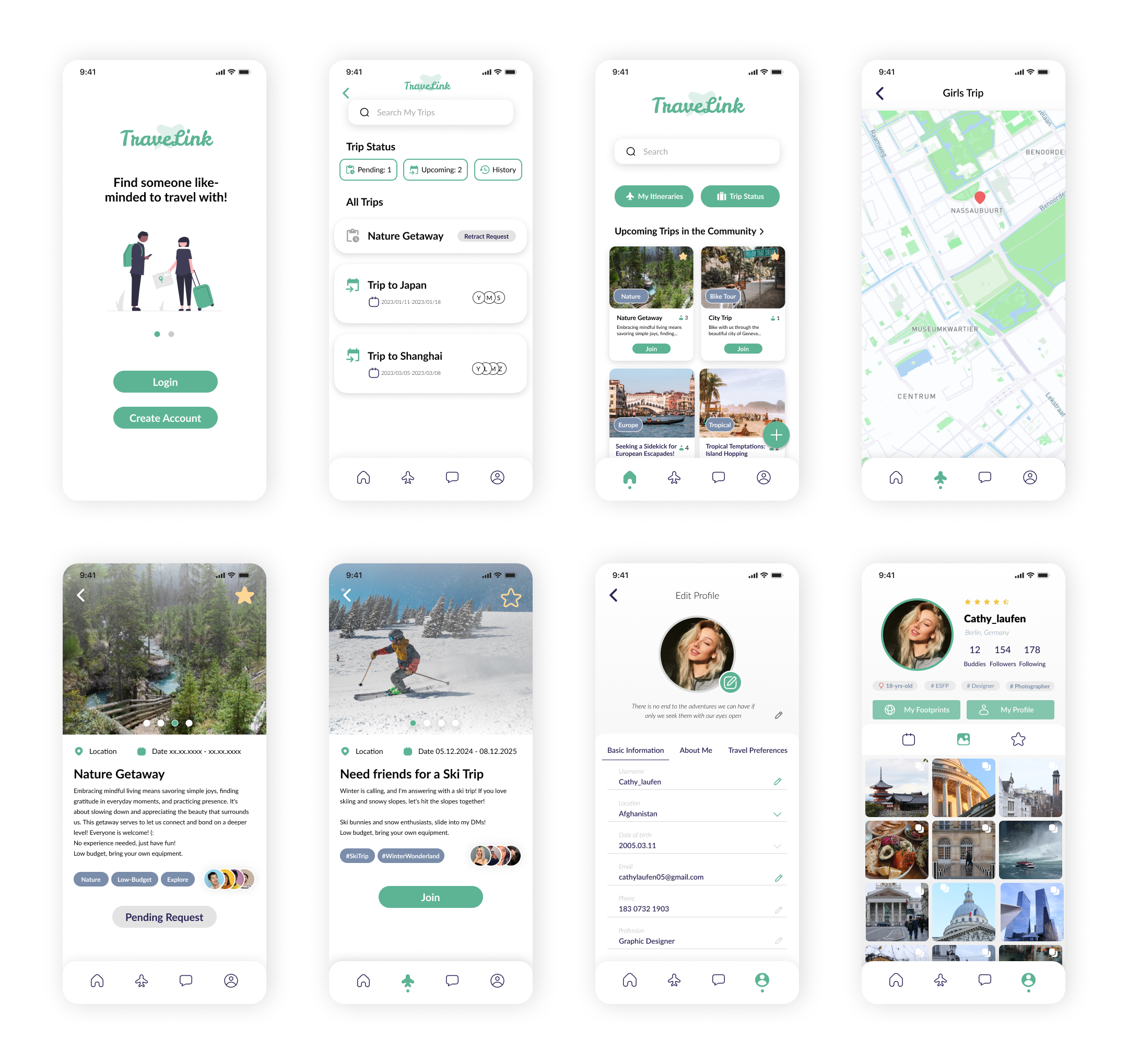 High-fidelity TraveLink screens including the welcome screen, trip list, community trips, trip details, edit profile, and user profile