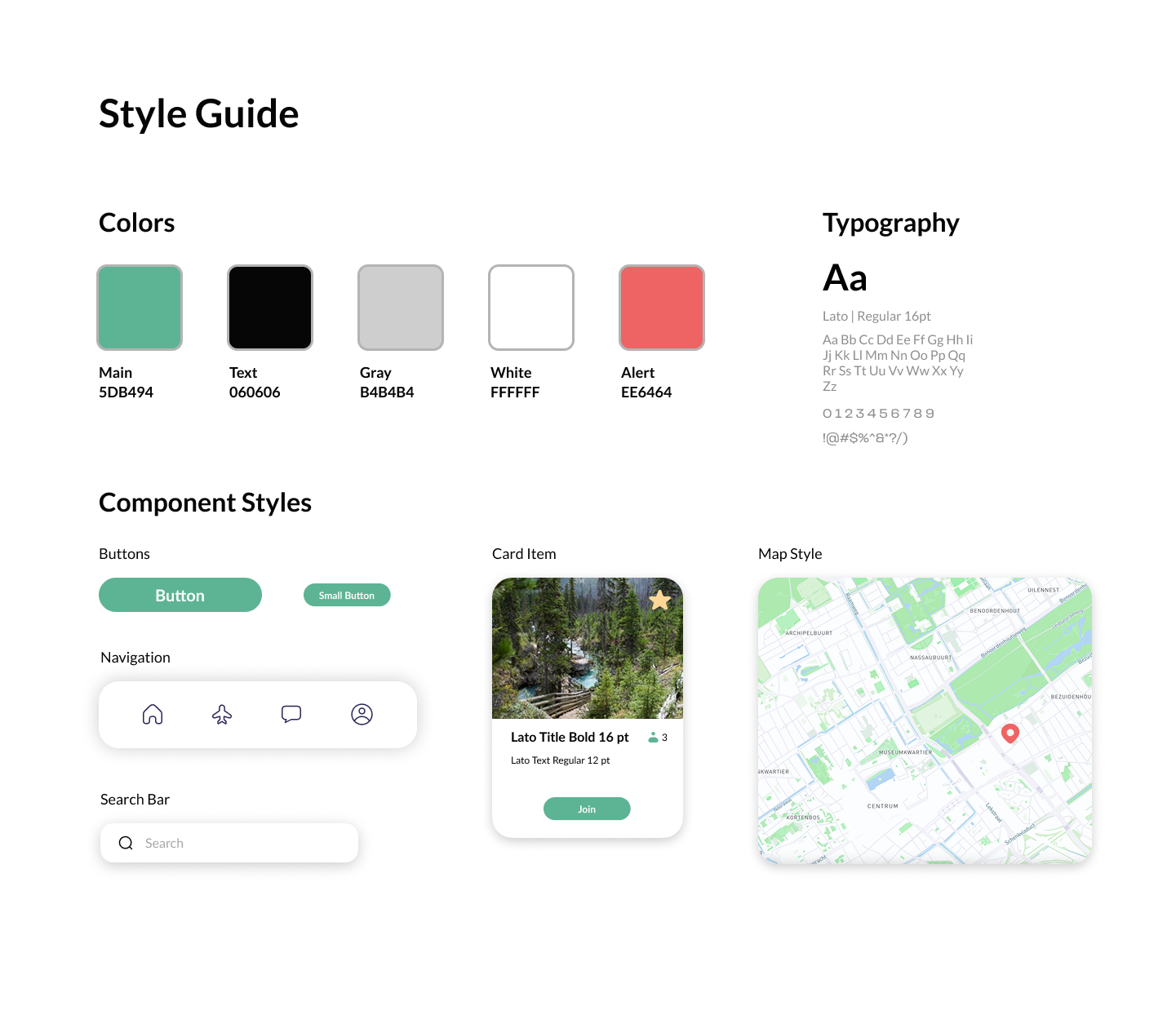 TraveLink style guide showing the green, black, gray, white, and alert color palette, Lato typography, buttons, navigation bar, card component, and map style